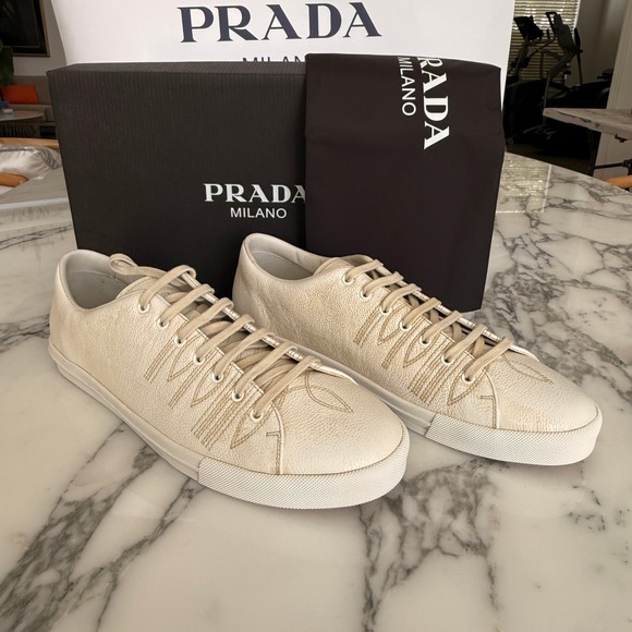 Prada Milano 2EE448 Mens White Pebbled Leather Low Top Sneakers, UK 11 main image 10